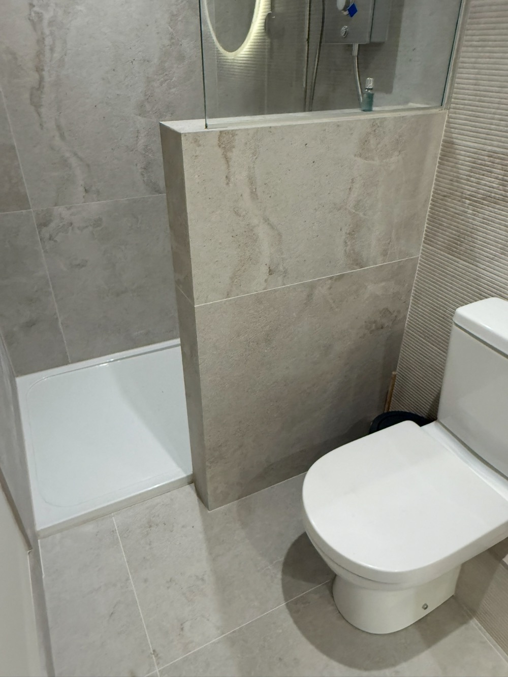 Walk-in shower with glass screen and WC